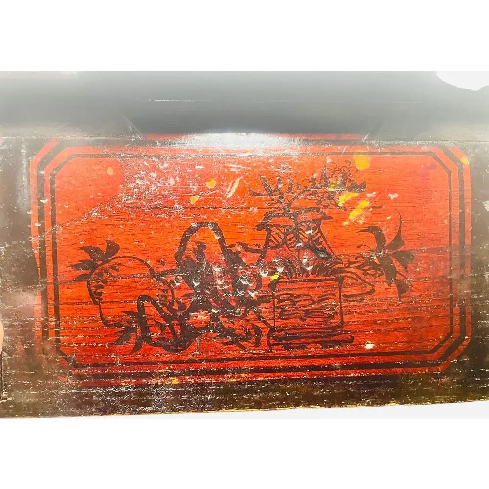 Antique Chinese Carved Red Lacquered Box with Lid & Side Drawer Signed on Bottom